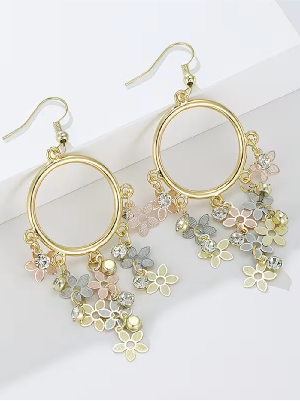 Gold Multi-Color Floral Hoop Dangle Earrings